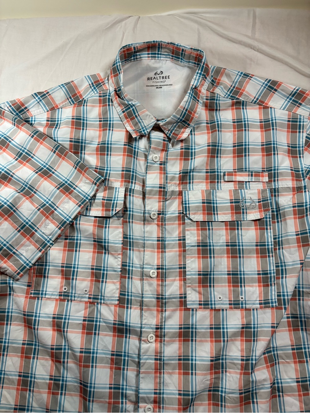 Realtree Plaid Short-Sleeve Button-Down Shirt in White, Orange and Blue